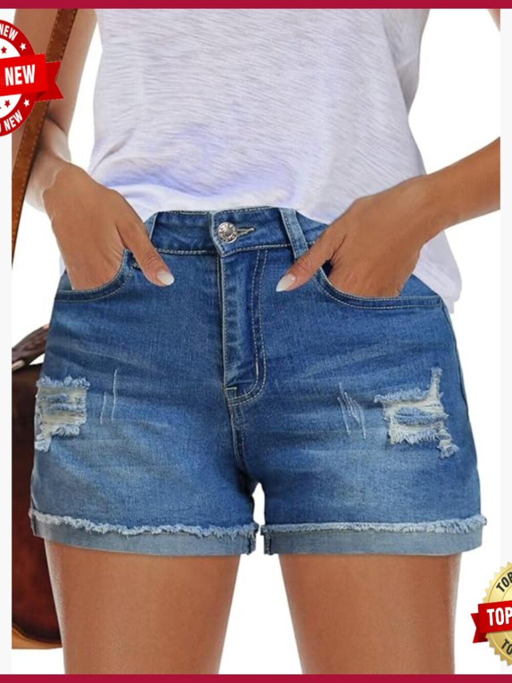 Mid Rise Stretchy Ripped Denim Shorts with 5 Pockets